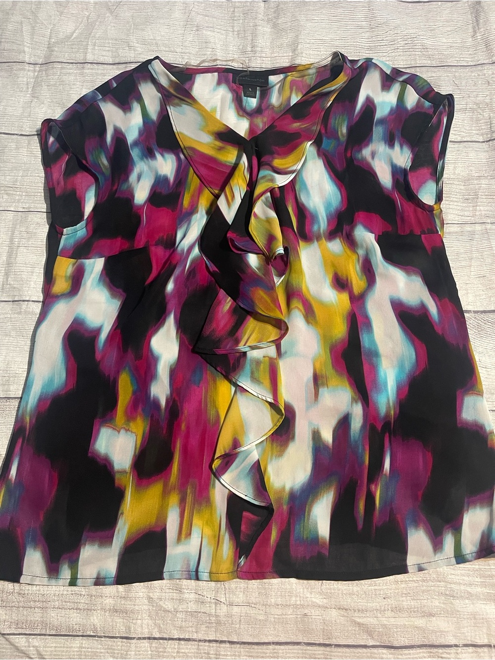 Womens Worthington Multicolor Ruffle Front Blouse - Black, Fuchsia & Yellow L